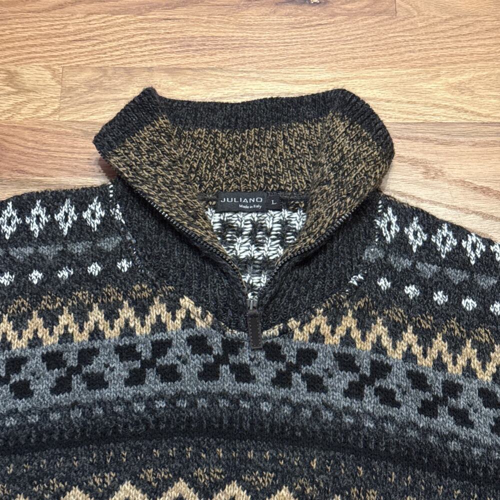 Mens Jumper Large Size JULIANO Grey Argyle Wool Italy Henley Sweater Pullover - Picture 5 of 8